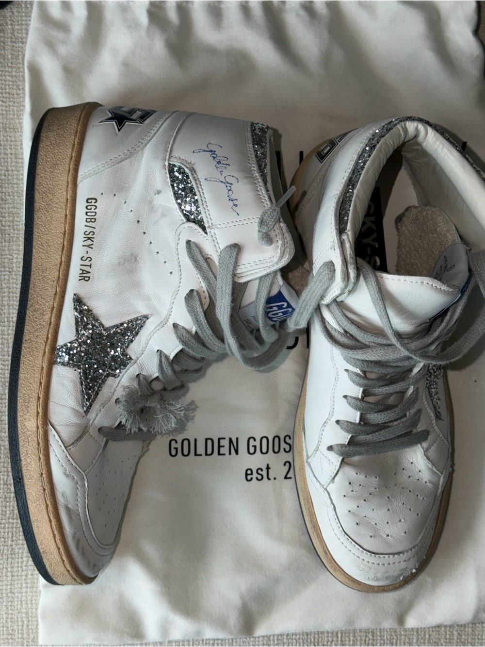 Golden Goose Cream High-Top Sneakers with Silver Glitter Star Accent - Picture 5 of 7